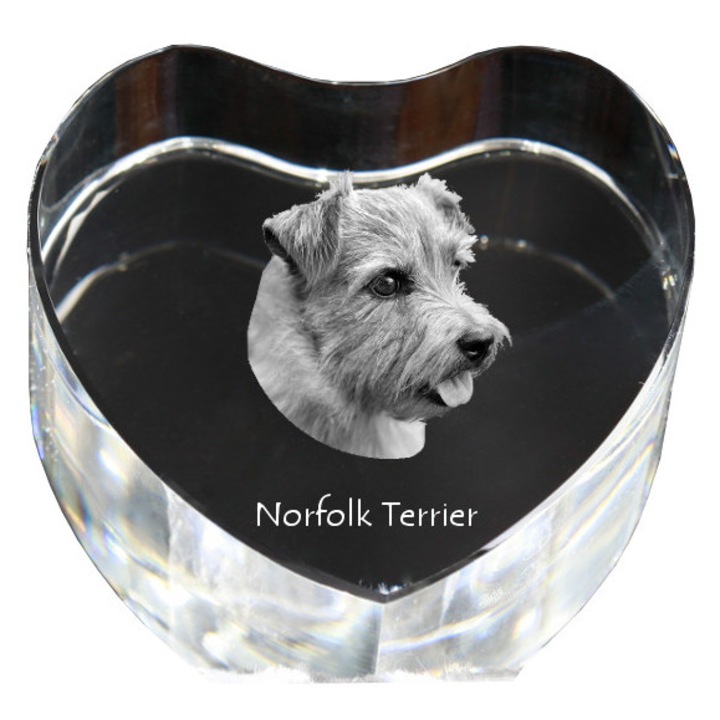 Kristály szív személyre szabott fényképpel, Art-Dog, 7,5x8x5cm, egyedi irodai dekoráció, Norfolk Terrier modell