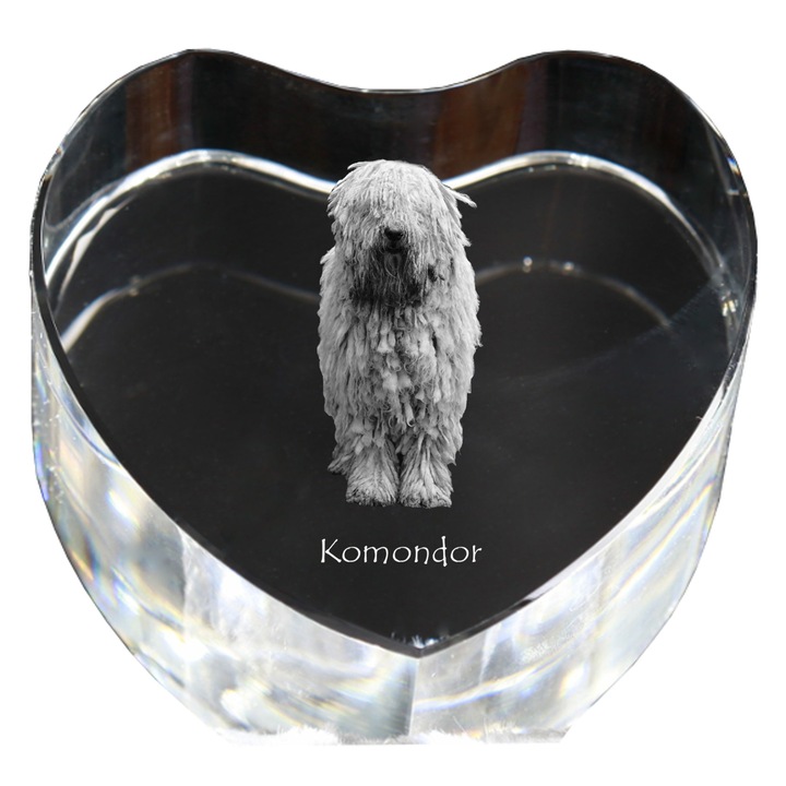 Kristály szív személyre szabott fényképpel, Art-Dog, 7,5x8x5cm, dekoratív, Komondor modell