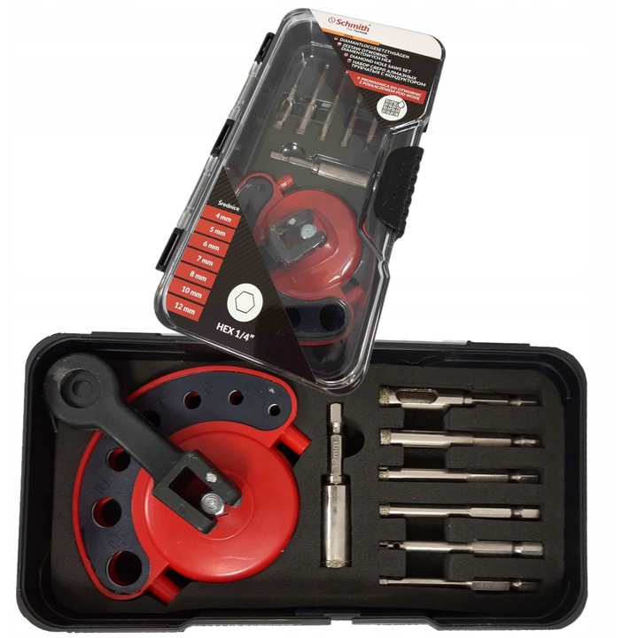 Set otvornice diamantate HEX 7 bucati, Schmith, dimensiuni 4x5x6x7x8x10x12mm, cu suport pentru apa
