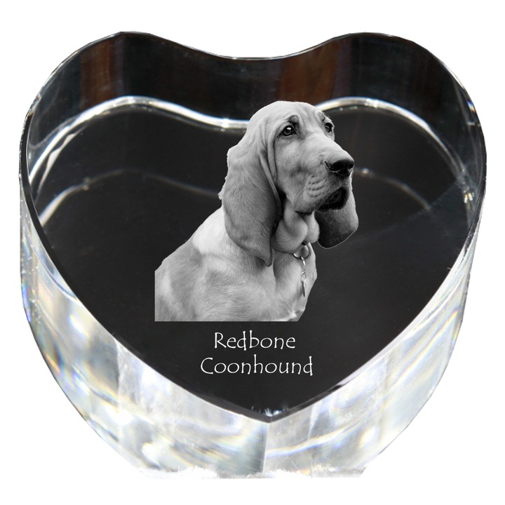 Kristály szív személyre szabott fényképpel, Art-Dog, 7,5x8x5cm, dekoratív, Redbone Coonhound modell