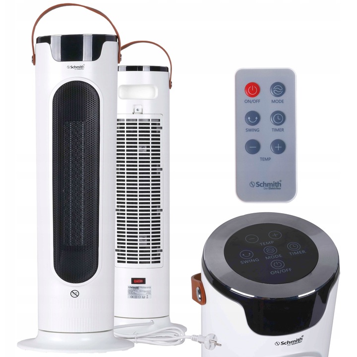 Schmith 2 kW-os elektromos ventilátoros fűtőtest gyújtóberendezéssel, oszcillációs funkcióval, időzítővel, 220x220x620mm