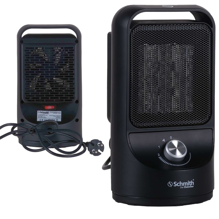 Schmith ventilátor fűtőtest 1500W, fekete, 150x150x280mm, teljesítményszabályozóval és túlmelegedés elleni védelemmel