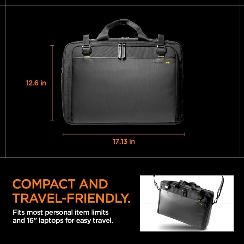 Geanta laptop Spigen KD300 Klasden, 16", neagra, compartimente practice si loc pentru AirTag
