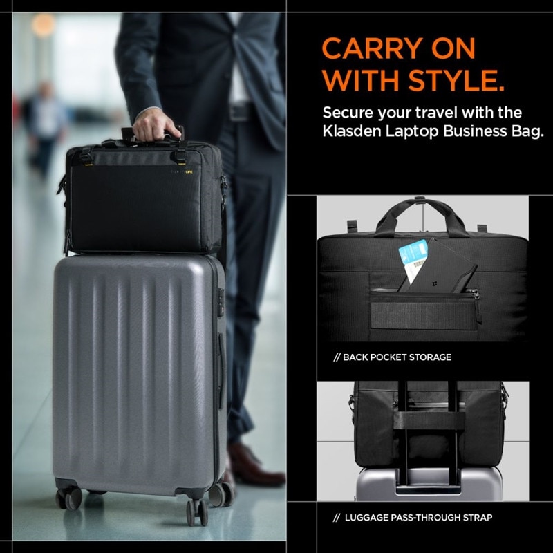 Geanta laptop Spigen KD300 Klasden, 16", neagra, compartimente practice si loc pentru AirTag