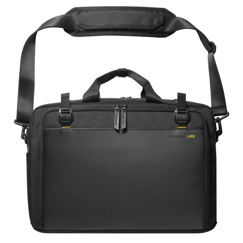 Geanta laptop Spigen KD300 Klasden, 16", neagra, compartimente practice si loc pentru AirTag