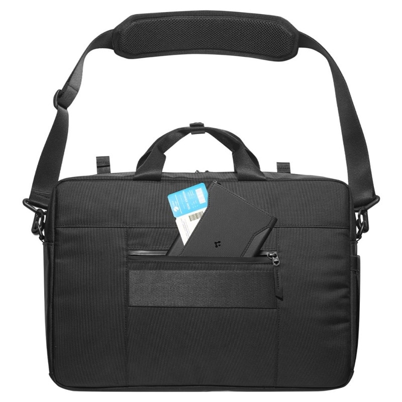 Geanta laptop Spigen KD300 Klasden, 16", neagra, compartimente practice si loc pentru AirTag