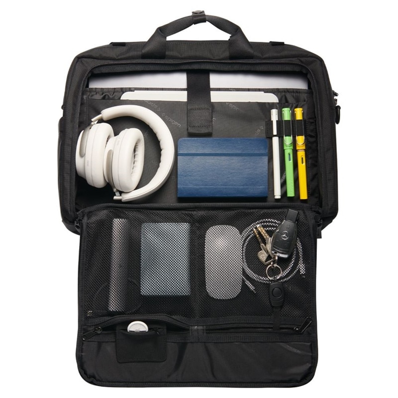 Geanta laptop Spigen KD300 Klasden, 16", neagra, compartimente practice si loc pentru AirTag