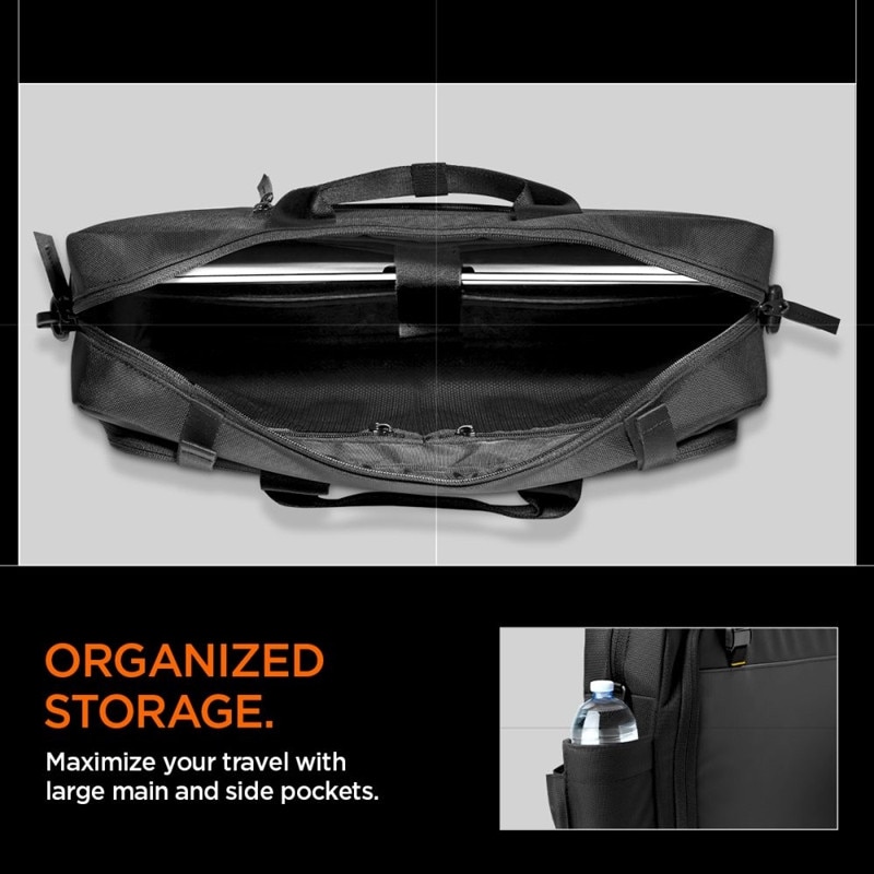 Geanta laptop Spigen KD300 Klasden, 16", neagra, compartimente practice si loc pentru AirTag