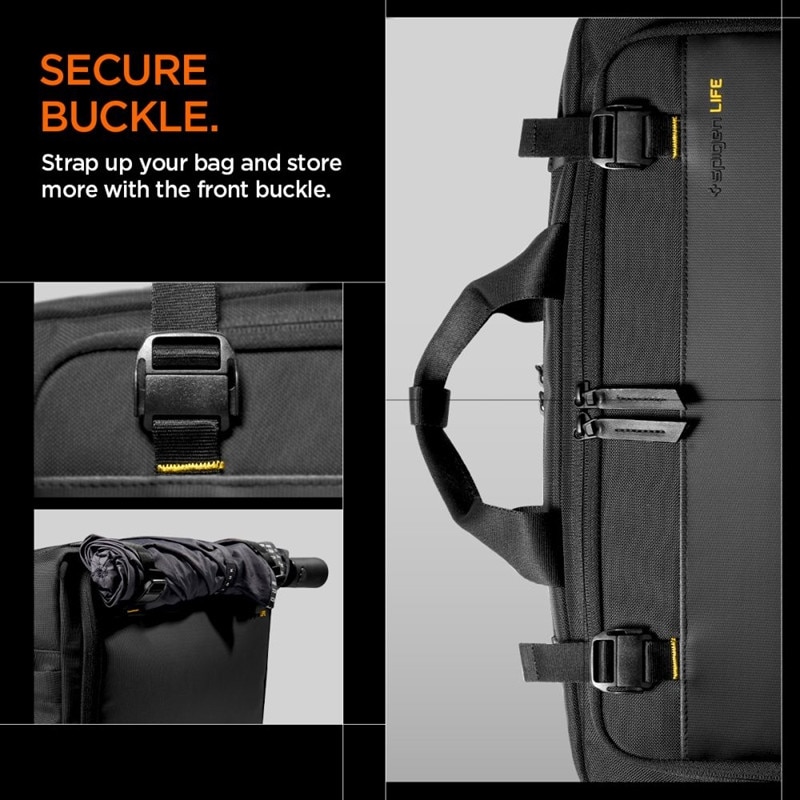 Geanta laptop Spigen KD300 Klasden, 16", neagra, compartimente practice si loc pentru AirTag