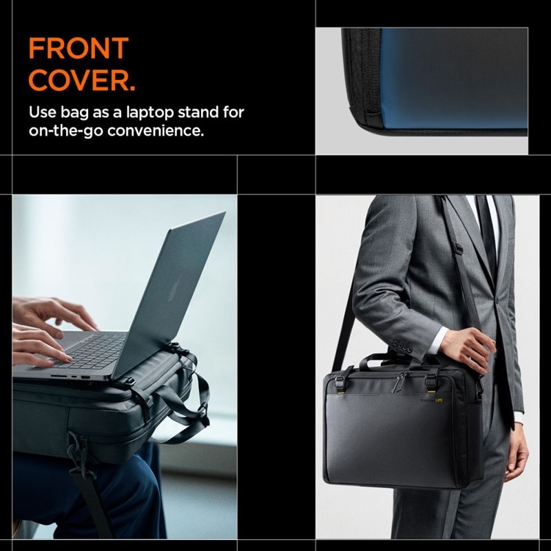 Geanta laptop Spigen KD300 Klasden, 16", neagra, compartimente practice si loc pentru AirTag