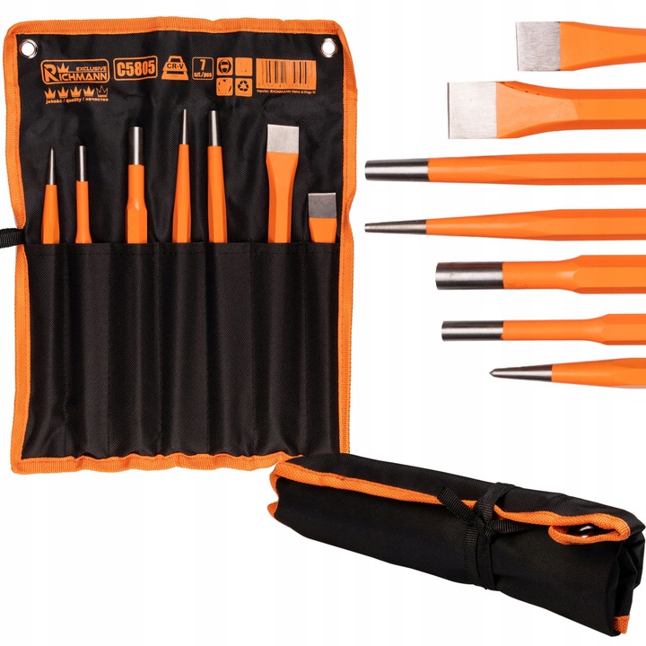 7 darabos vésőkészlet, Richmann, acél, 340x260 mm, tárolótáskával