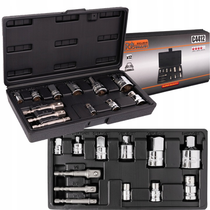 12 darabos redukáló és adapter elem készlet, RICHMANN, króm-vanádium acél, méretek 240x120x45mm