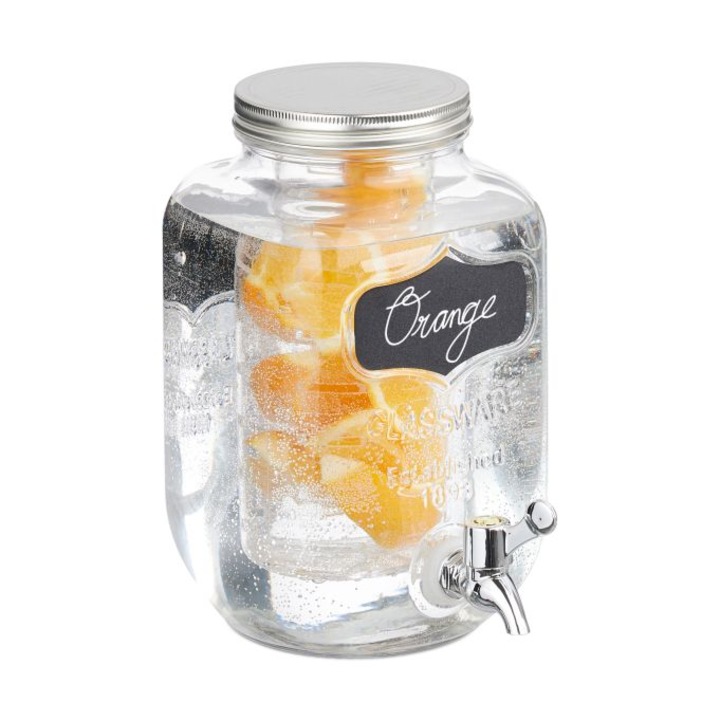 Dozator pentru bauturi. Relaxdays, cu recipient pentru fructe, sticla, 4 L
