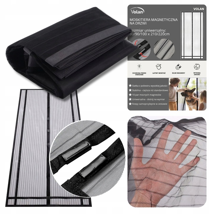 Мрежа против насекоми с магнитно закопчаване за врати, VOLAN, Размери ширина x височина 80/90/100 x 210/220 см, с 20 силни магнита и самозалепваща лента, Черна