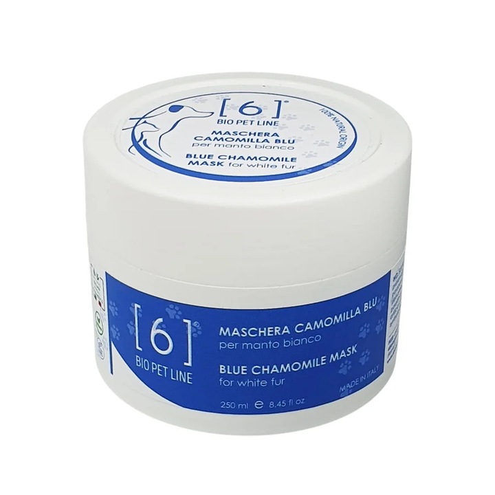 Masca Naturala Caini si Pisici Blana Alba, Anti-Ingalbenire, cu Musetel Albastru, Hidratare si Albire, Bio, 6biologico, 250ml