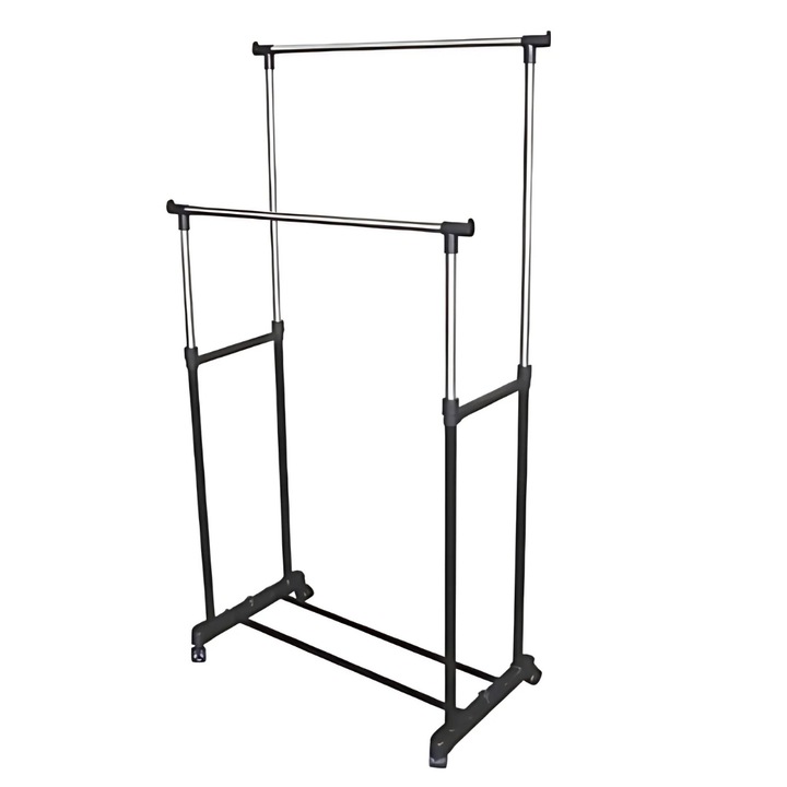 Macvi® Двойна закачалка за дрехи с регулируема височина, метална щанга и въртящи се колела - мобилна закачалка за сушене и организиране, идеална за дрехи и обувки