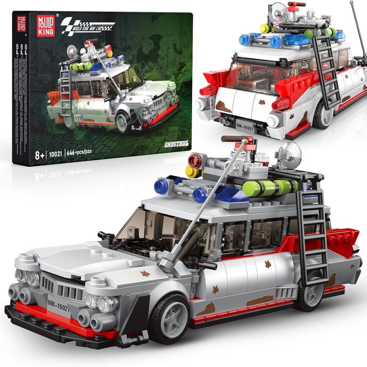 Set de constructie Mould King 10021, Ghostbusters ECTO-1, 646 Piese, Model Auto Retro de Colectie, 23 cm, 14+
