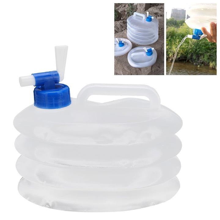Recipient Pliabil HOZRO, de Apa, 15L cu Robinet si Maner – Bidon Compact, Reutilizabil, Ideal pentru Camping, Drumetii, Urgente sau Gospodarie – Plastic Rezistent, Usor de Transportat si Depozitat"