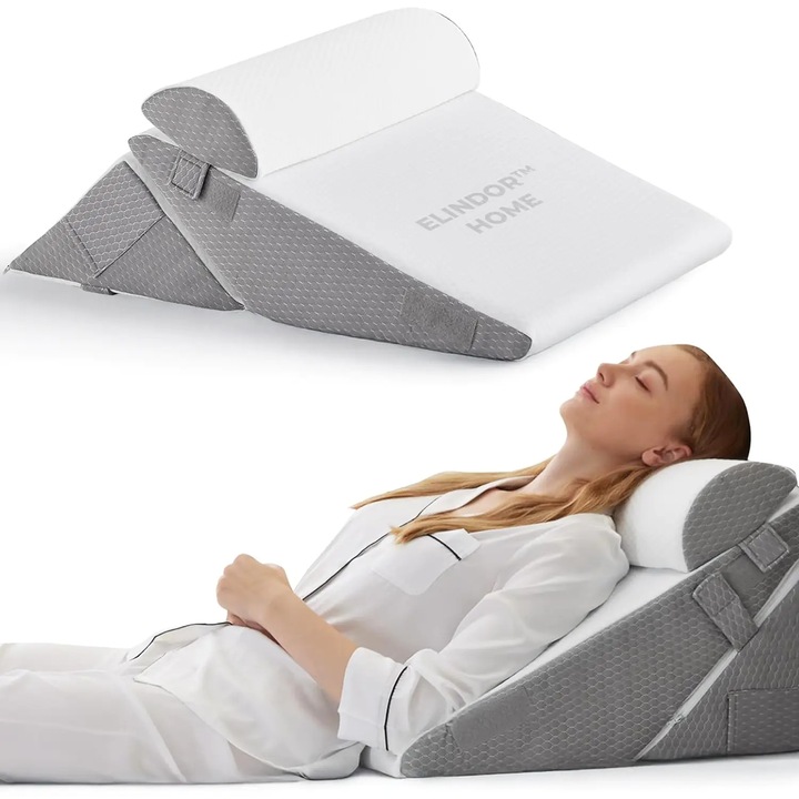 3 db-os Elindor ortopédiai ágypárna szett, memóriahabos párna, hipoallergén, háttámasz, láb-, térdpárna, műtét utáni, refluxgátló, horkolásgátló, ránctalanító, hipoallergén bársonyhatású pamut huzatok, összecsukható, állítható 23-30 cm