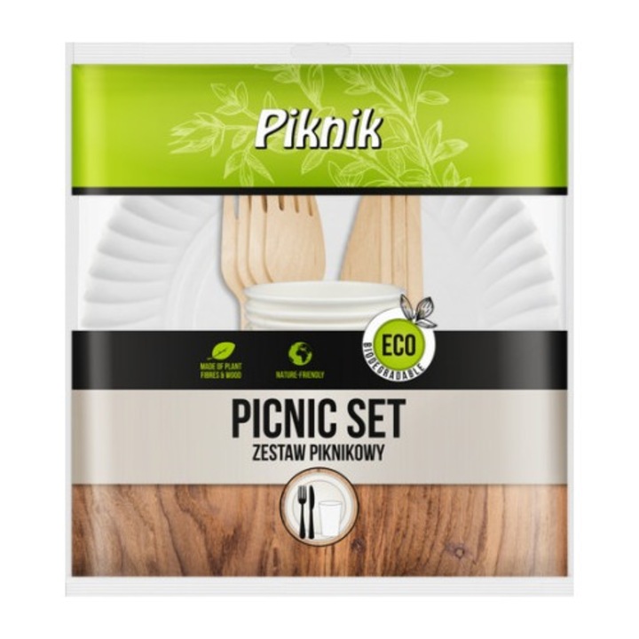 Set ECO Picnic biodegradabil 4 x 4 (farfurie + pahar + cutit + furculita)