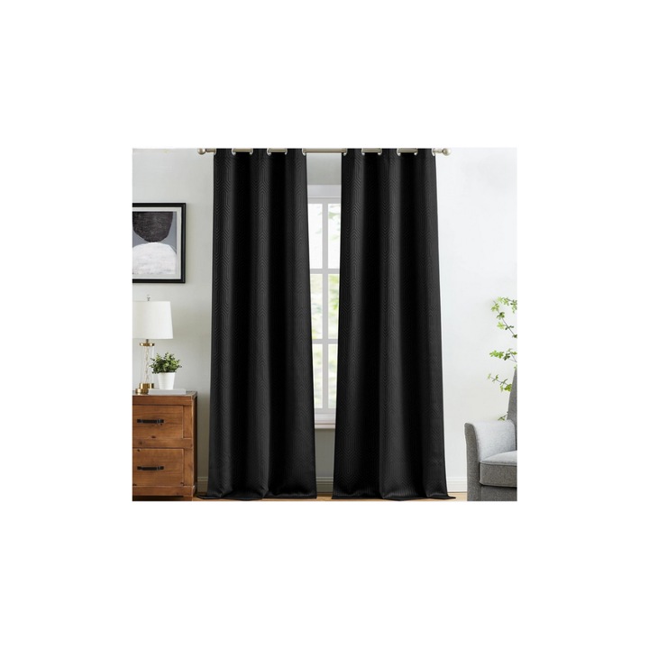 2 db-os sötétítő függöny szett, fekete, dombornyomott geometrikus mintával, gyűrűkön, 140x245