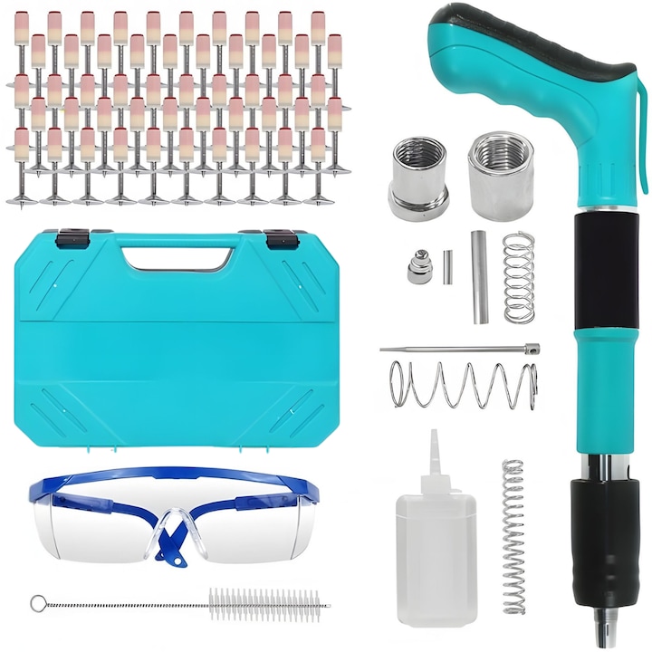 Pistol Pneumatic de Batut Cuie in Beton si Metal, Manual Silentios, Reglaj 3 Trepte Putere, Cu 50 Cuie Rotunde Incluse, Ulei Intretinere, Cutie Transport, Accesorii si Ochelarii Protectie, Fixari Rapide pentru Zidarie, Otel si Instalatii, Vernil