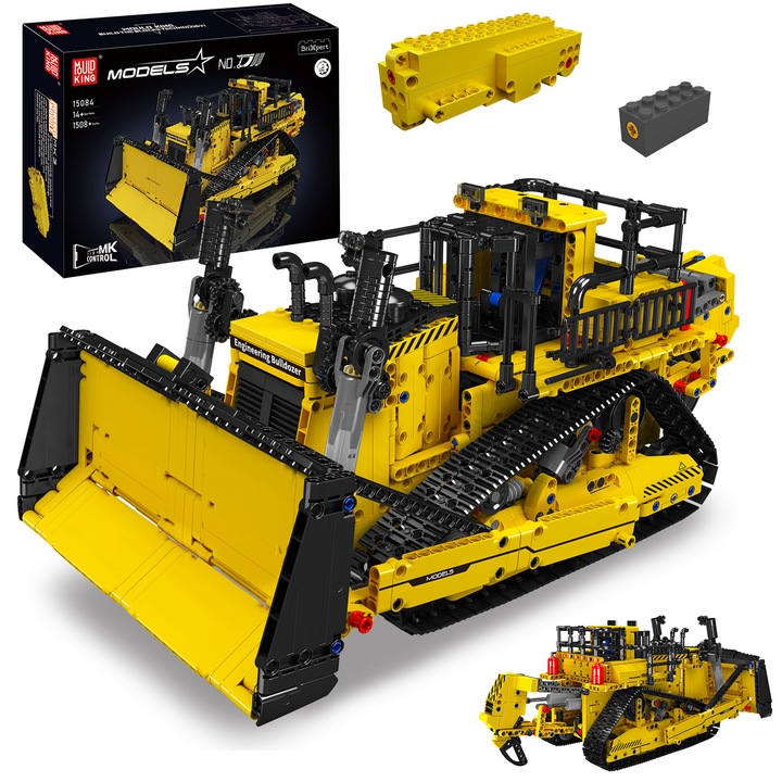 Set de constructie Mould King, 15084, CAT D11 RC Bulldozer, 1585 piese, 45.6x22.5x19.3cm, pentru baieti si fete peste 14 ani