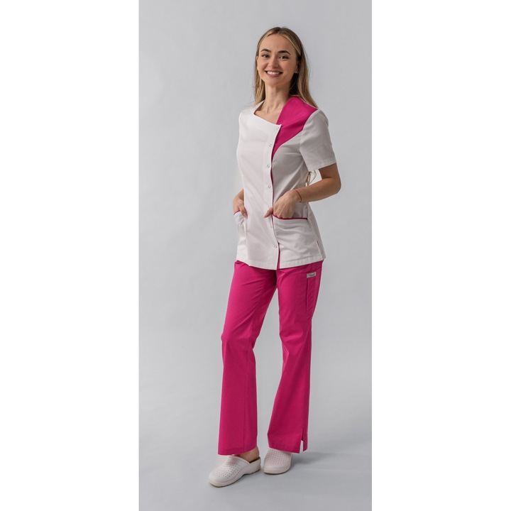 Bluza medicala Lia, de dama, asimetrica, inchidere cu capse, alb cu insertie de culoare Fucsia, L