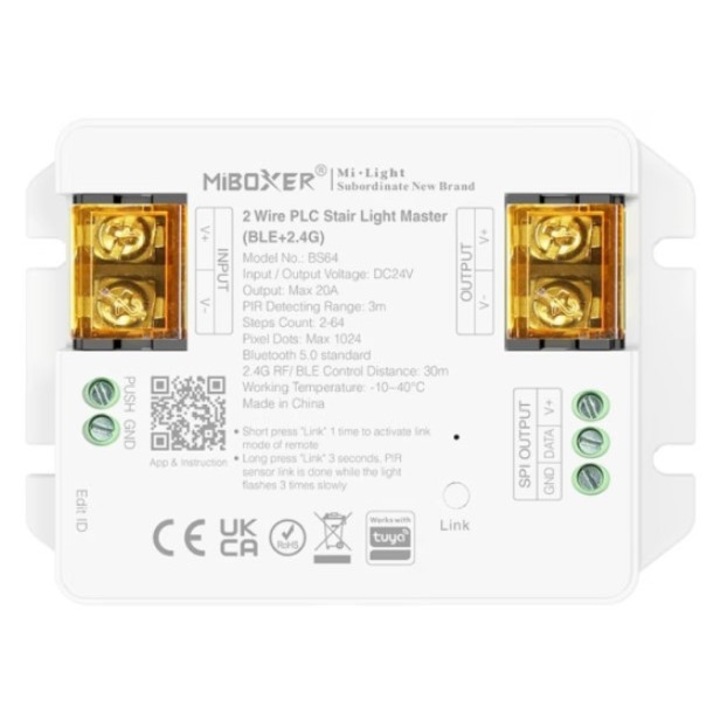 Controller banda LED MiBoxer BS64, control iluminat trepte, 480W, Bluetooth+2.4GHz, Tuya, PIR 3m, 2–64 trepte, DC24V, IP20, alb