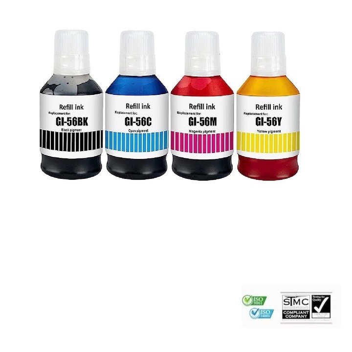 Set 4 rezerve cerneala GI-56 GI56, negru - 170ml, cyan/galben/magenta - 140ml, compatibil cu Canon MAXIFY GX3040 GX3050 GX4050 GX5050 GX5150 GX5500 SERIES GX5540 GX5550 GX6050 GX6150 GX6550 GX7050 GX7050X GX7055 GX7150