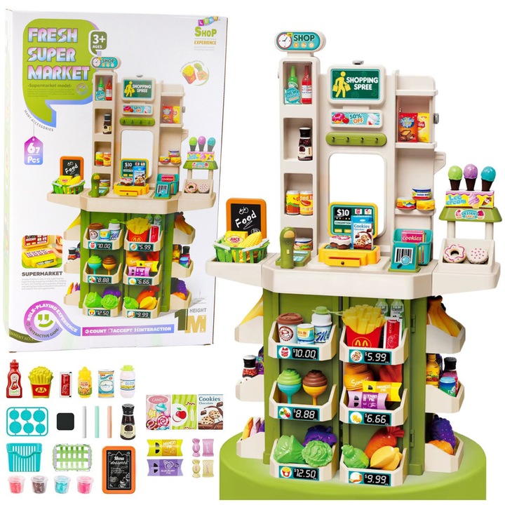 Set joaca supermarket, LEAN TOYS 67 elemente, interactiv, 70x34,2x100cm, multicolor