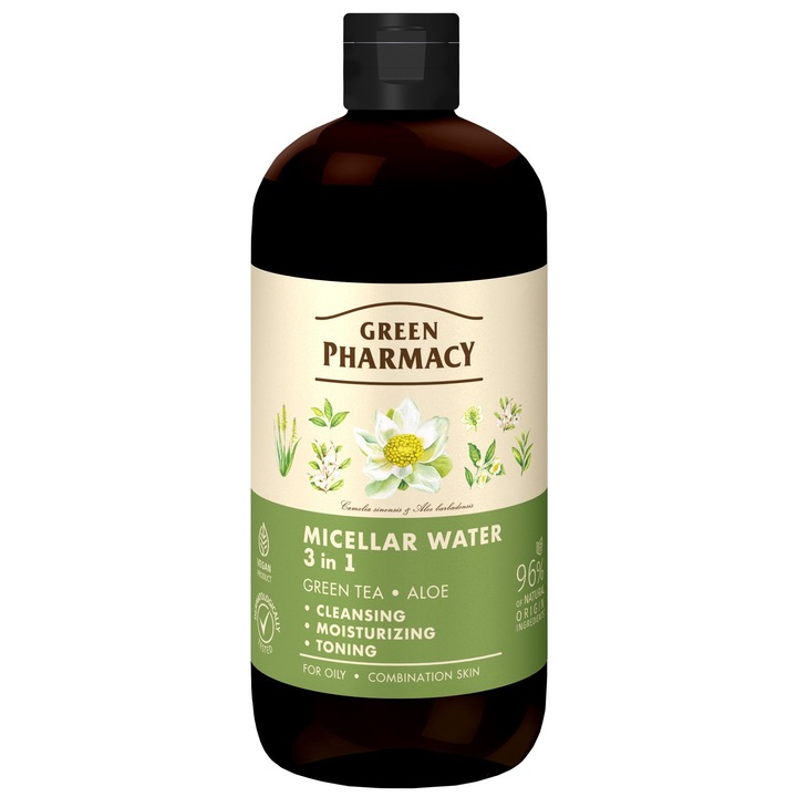 Apa Micelara 3 in 1 Ceai Verde si Aloe, GREEN PHARMACY, 500 ml