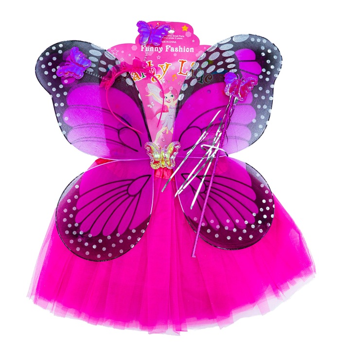 Costum carnaval fluturas, aripioare, fustita, bagheta si bentita, 3-6 ani, multicolor