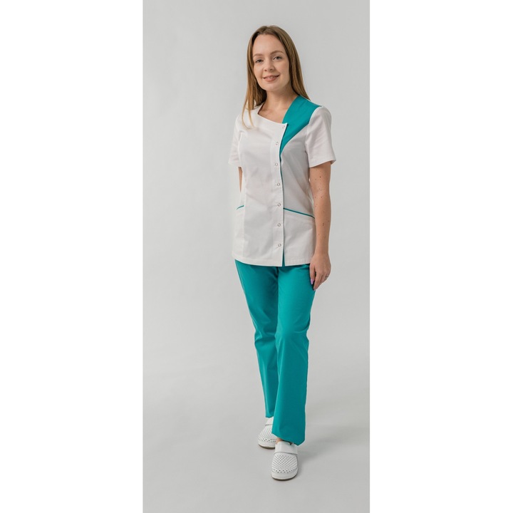 Bluza medicala Lia, de dama, asimetrica, inchidere cu capse, alb cu insertie de culoare Verde oceanic,2XL