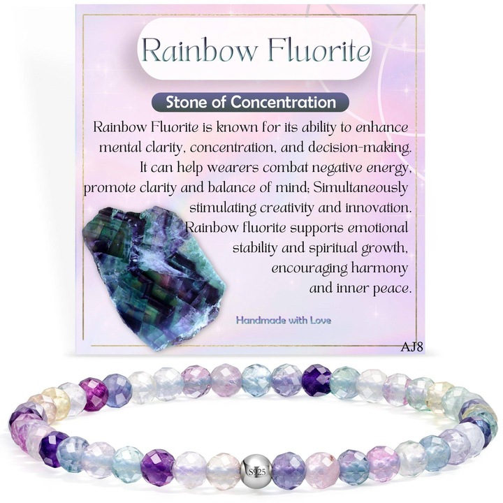 Bratara din Fluorit Curcubeu natural, Piatra Concentratiei si Claritatii Mentale, margele 4mm, echilibru emotional si creativitate, 18 cm, cadou pentru Chakra Fruntii