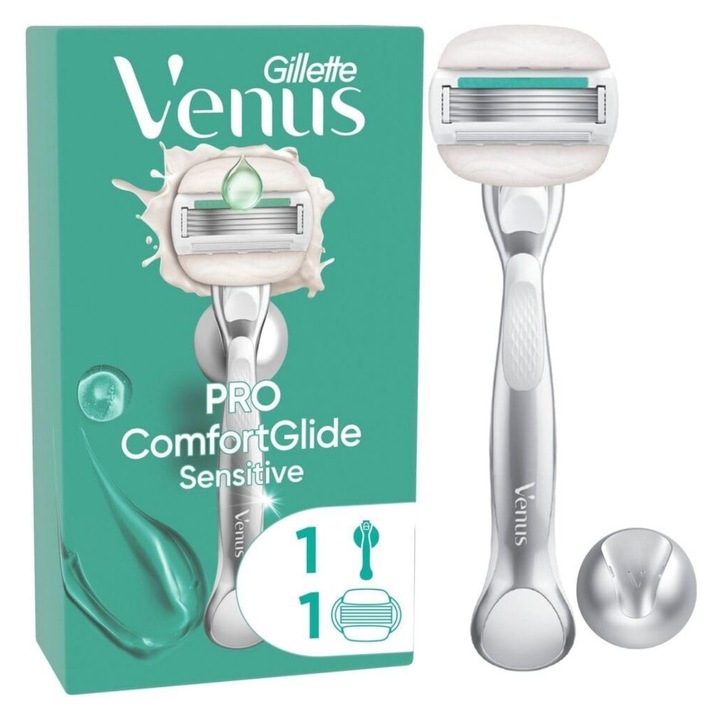 Gillette Venus Pro Comfortglide Sensitive női borotva aloe verával, 1 pótpenge, tartós fém nyél és zuhanytartó