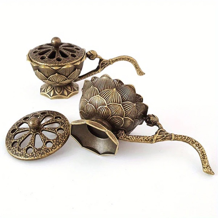 Поставка за тамян – Божествена аура на лотос, цинкова сплав, дизайн с лотосов цвят, прераждане, духовност, свещени значения, душевен мир, подходяща за пръчици, конуси, дървени въглища, лесна за носене, бронз