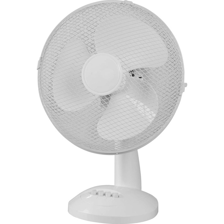 Asztali ventilátor, 30 cm átmérő, 35 W teljesítmény, 100°-os oszcillációs funkció, 3 sebességfokozat, 1,7 m-es hálózati kábel, fehér színű