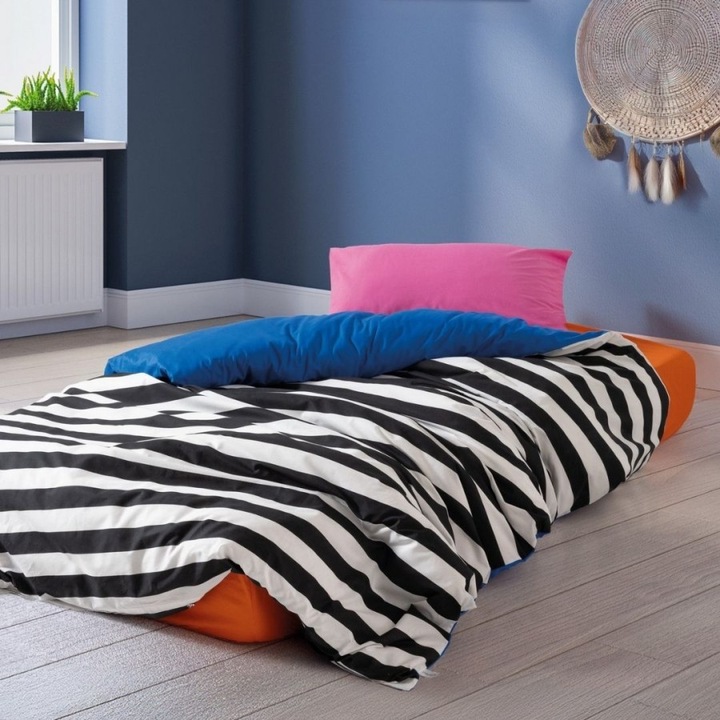 Lenjerie pat 1 persoana cu dungi, bumbac 100% ranforce, cearsaf de pat cu elastic 100x200 cm, 3 piese, Cozy Home, Dusk