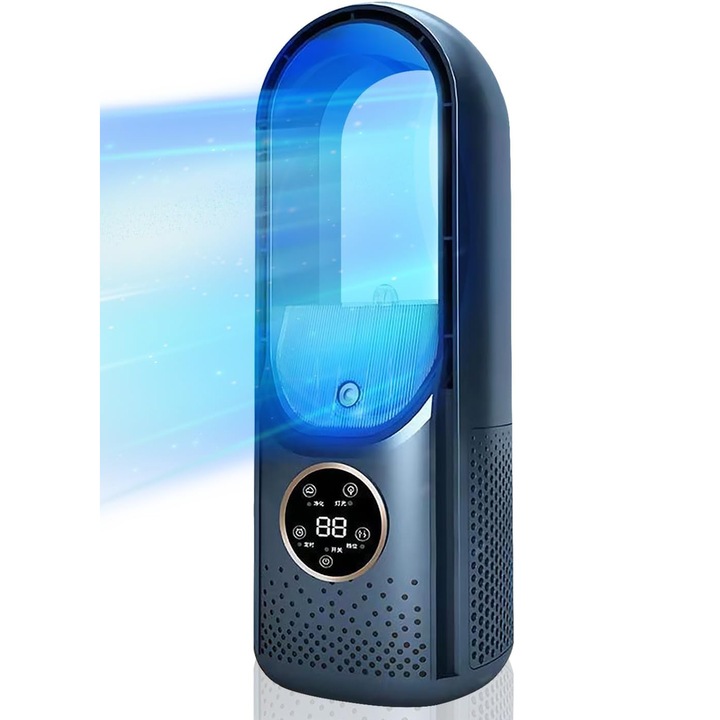 Aurov hordozható elektromos ventilátor, fejlett légtisztítás és párásítás, 6 sebességfokozat, színes világítás, USB töltés, 100 ml-es víztartály, 30x12x11 cm, kék