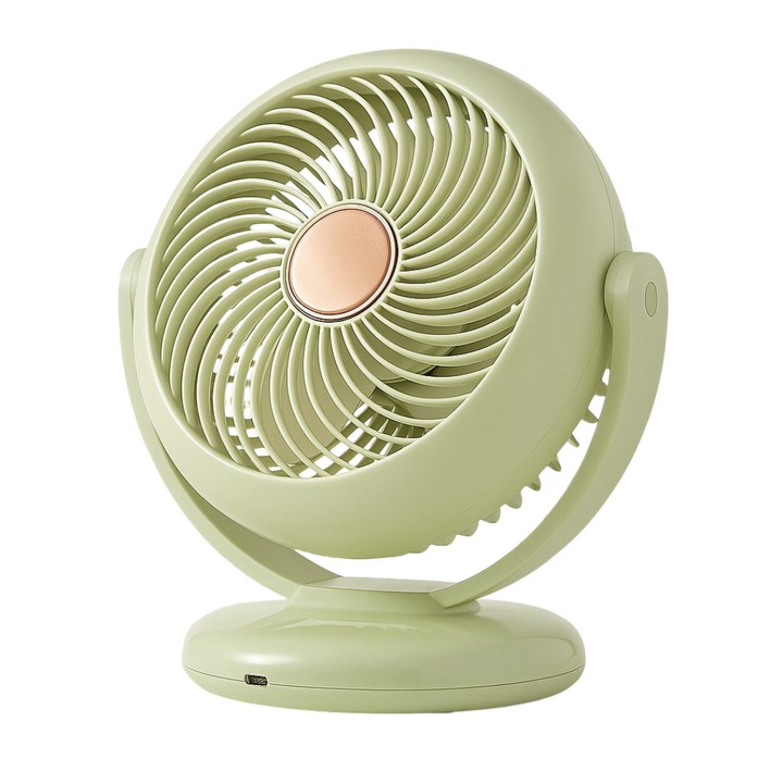 Aurov® Настолен или стенен вентилатор, осцилираща глава, компактен дизайн, зареждане през USB, тих, удължен живот на батерията, равномерно охлаждане, преносим за офис, спалня, пътуване, бледозелен