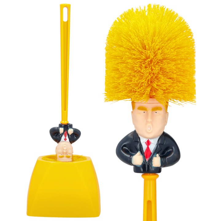 Perie De Toaleta, Korbi, 36x9,5x13 cm, Donald Trump, Plastic, Forma Ergonomica A Manerului, Perie Cu Fir Mediu, Lungime Totala 36 cm, Inaltime Baza 9,5 cm, Latime Baza 13 cm, Galben