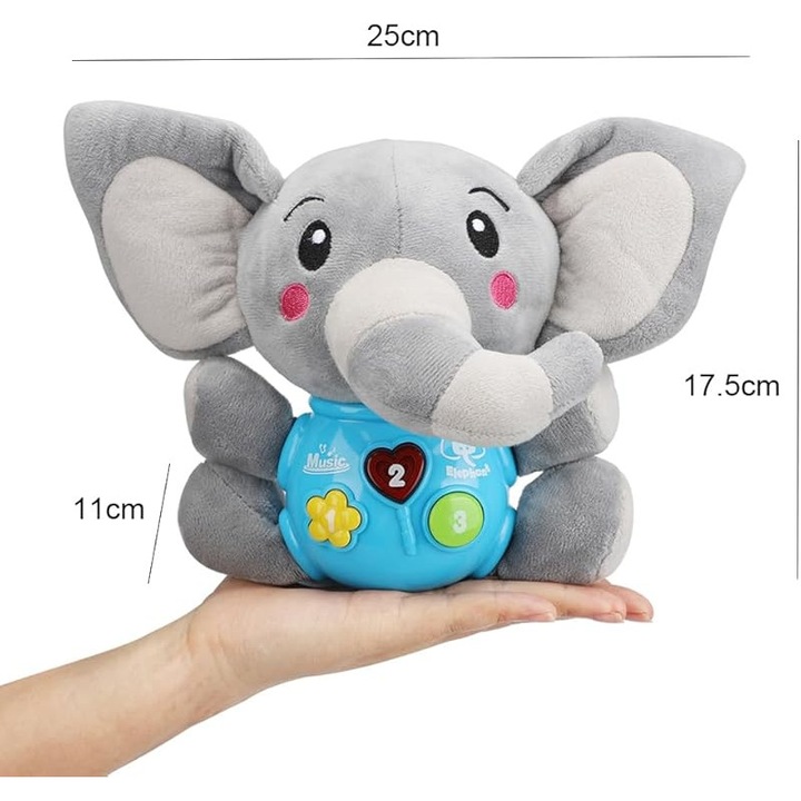 Elefánt plüssjáték babáknak hangokkal és fényekkel, 6 hónapos kortól, szürke