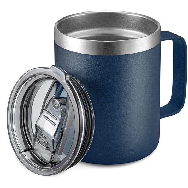 Cana termos cu capac, inox, 12 oz, albastru inchis, design cu izolatie dubla