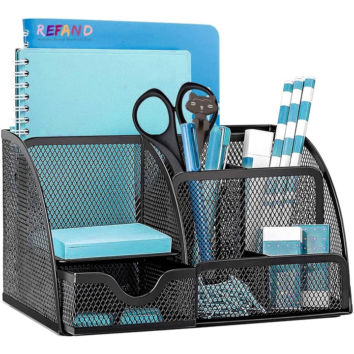 Suport articole birou, organizator birou, 8 compartimente, 1 sertar, metal, 13x14x22cm