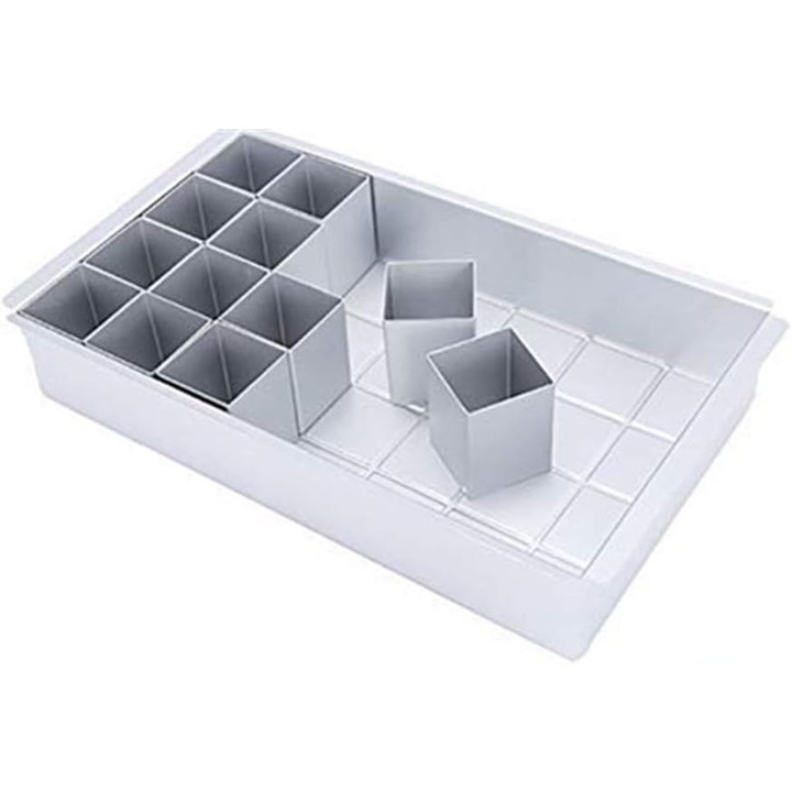 Tava cu forme pentru tort, 12 module patrate mobile, aluminiu, pentru numere si litere, argintiu