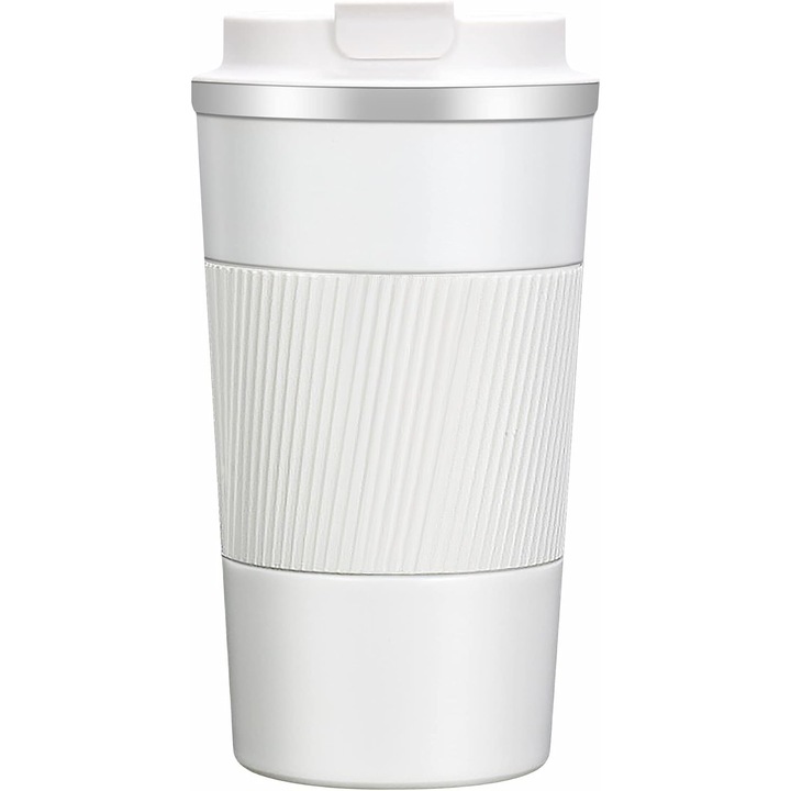 Cana termos de calatorie, otel inoxidabil, capac cu filet, alb