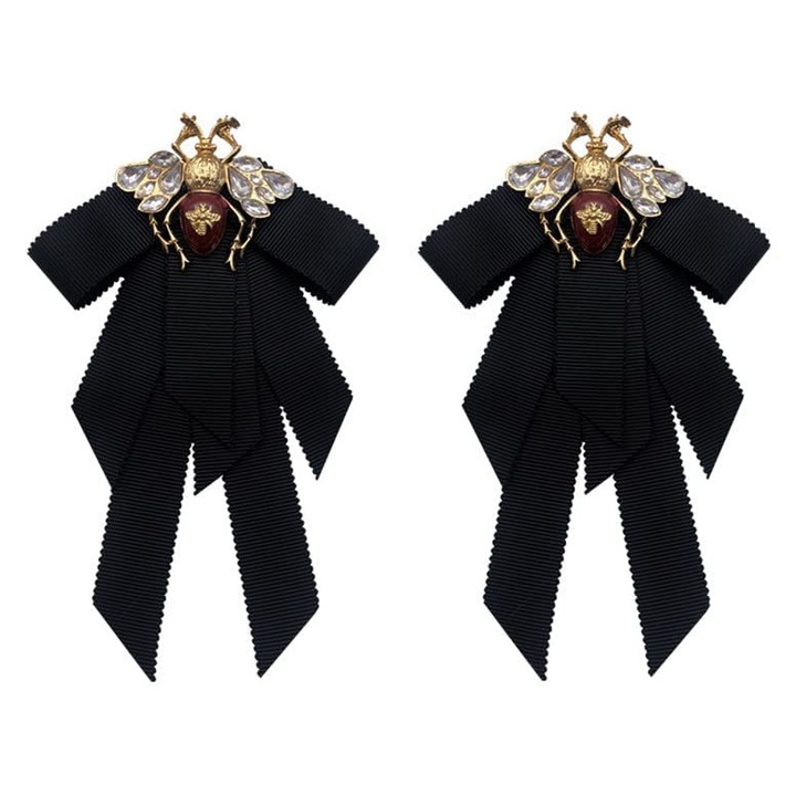 Set 2 brose dama, fundita cu albina, cu strasuri, 10x15cm, negru/auriu