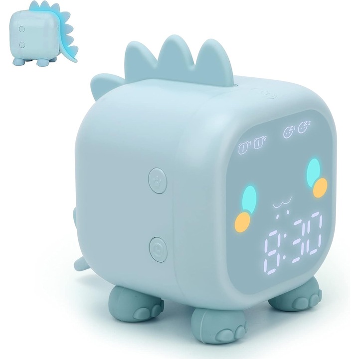 Ceas desteptator digital pentru copii, lampa cu dinozaur, functie de simulare rasarit si apus, incarcare USB, 8.8x11.8x11.5cm