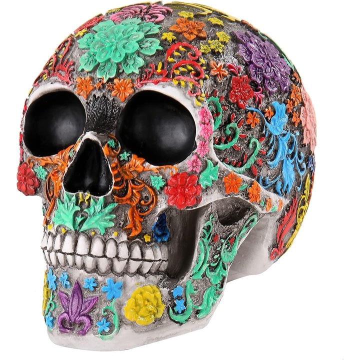 Színes Virágos Koponya Szobor Gyantából, Méretek 13x15x19cm, Halloween Dekoráció